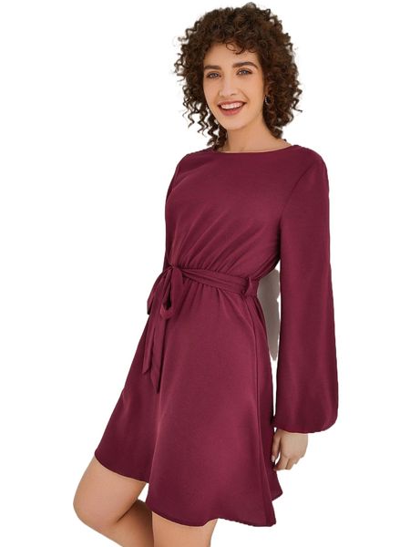 

keyhole back lantern sleeve belted dress 63je#, Black;gray