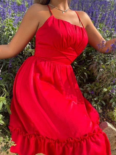 

solid tie back ruffle hem cami dress d5cd#, Black;gray