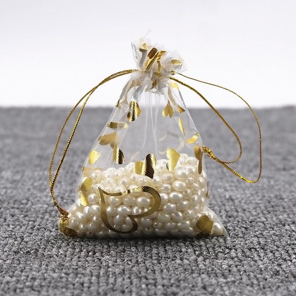 200 Stück goldfarbene Herz-Organza-Beutel mit Kordelzug, Geschenkpapier, Hochzeitsgeschenk, Geschenkbeutel, 9 x 12 cm, in verschiedenen Farben