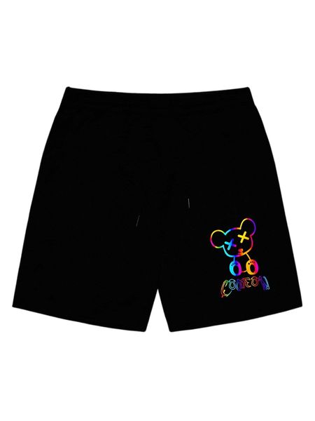 

men reflective bear & letter graphic drawstring waist shorts s6p6#, White;black