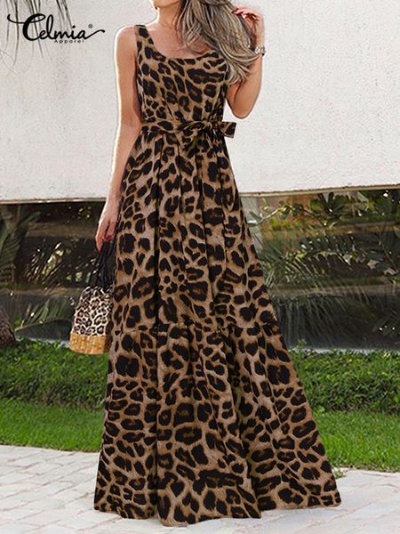 Celmia Bohemian Sommerkleid Frauen Vintage Maxi Sommerkleid Sexy Ärmel Leopard Print Party Kleid Casual Vestido Übergroßen CX220331