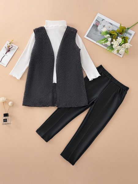 

toddler girls lettuce trim & open front teddy vest jacket & pants she, White