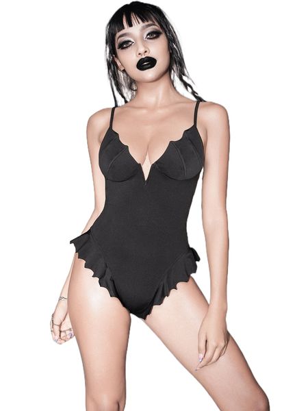 

gothic notched detail ruffle trim cami bodysuit d0b5#, White