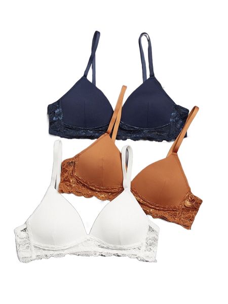 

3pack plain contrast lace bralette q52r#, Black;red