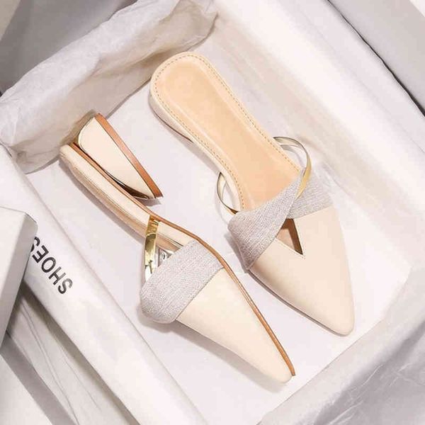 

slippers high heels elegant low heeled sandals women mules summer pointed toe ladies leisure office shoes beige pumps 220414, Black