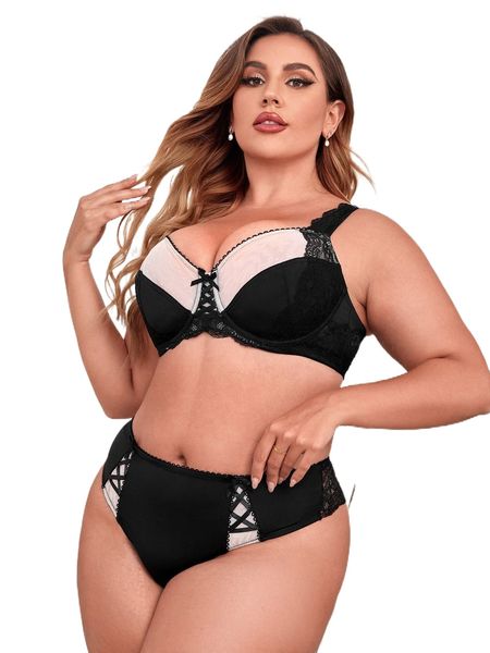 

plus bow contrast lace underwire bra & panty set g4uk#, Black;white