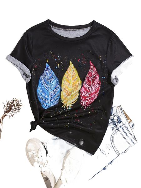 

splash ink and feather print tee t2jd#, White