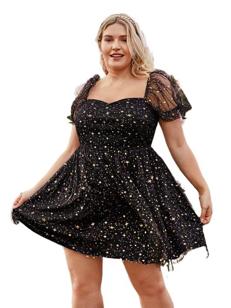 

plus gold galaxy print contrast mesh puff sleeve dress w5w0#, Black