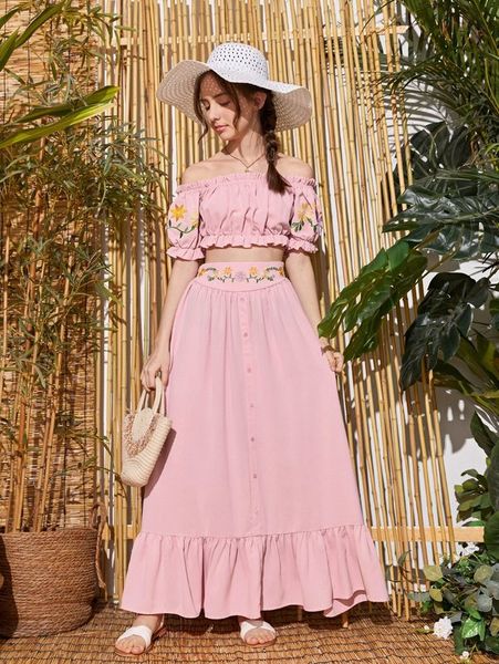 

teen girls off the shoulder frill trim floral embroidery & skirt she, White