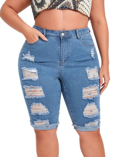 

plus ripped roll up hem high rise slant pocket jeans 22s8#, Blue