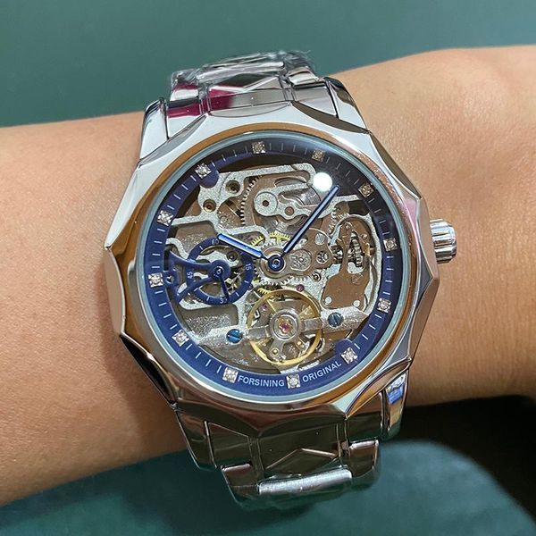 Relógios de pulso para rejeitar relógios automáticos para homens design de luxo Diamond Skeleton Tourbillon Mechanical Stanless Strap Masculino