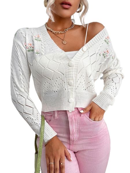 

floral embroidery pointelle knit drop shoulder cardigan z48d#, White;black