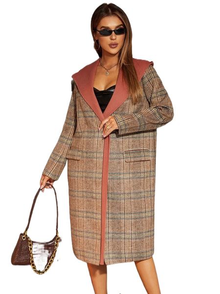 

miegofce plaid print hooded overcoat b7st#, Black