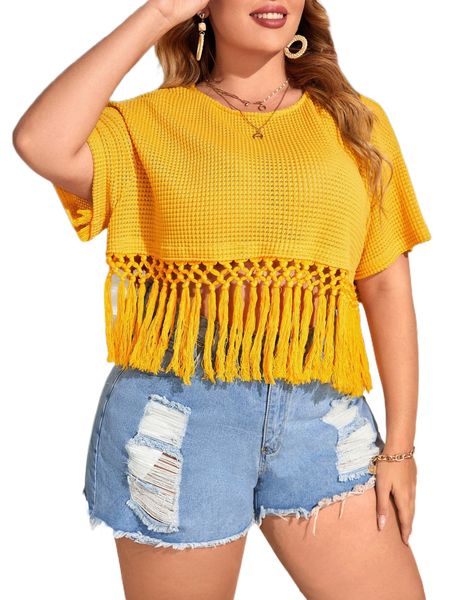 

plus drop shoulder fringe hem tee o5fp#, Black