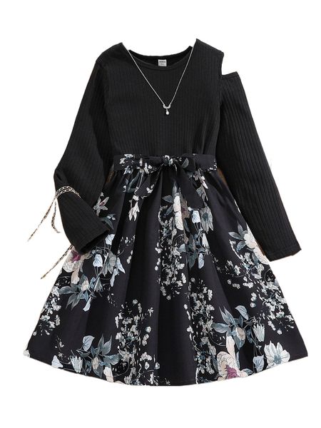 

girls floral print belted dress k0zb#, Black;white