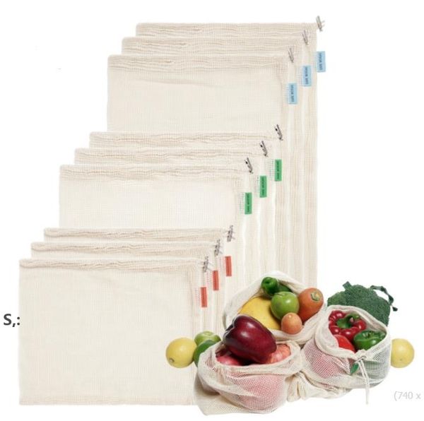 3 pçs / conjunto Reutilizável malha de malha sacos de algodão vegetal frutas de frutas-saco casa cozinha fresco sacos-armazenamento bolsa cordão saco BBA13104