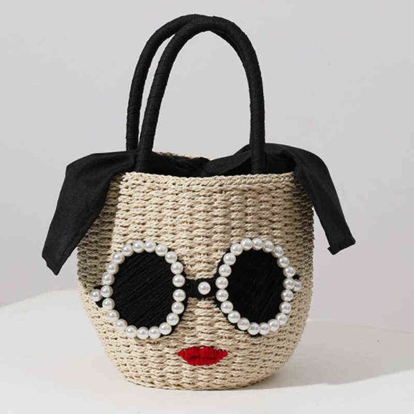

sunny beach straw bags women sunglasses beads pearls bucket summer handmade woven rattan luxury totes bag bohemia handbag cute 220610