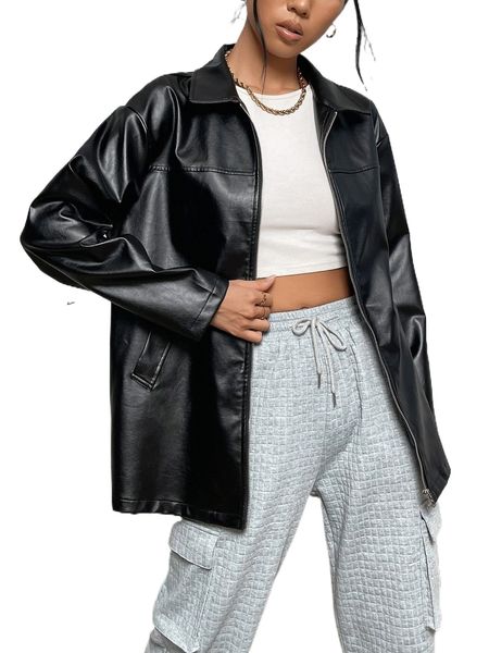 

zip up drop shoulder pu coat s6fz#, Black