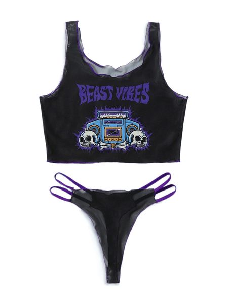 

romwe x welnust street life letter skull graphic mesh lingerie set u4to#, Black;red