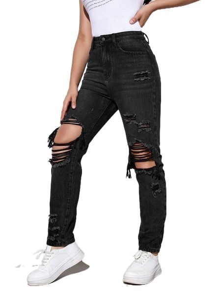 

high waist ripped straight leg jeans 92hi#, Blue