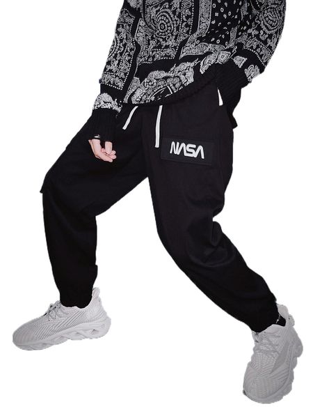 

men letter graphic drawstring waist pants s6rs#, Black