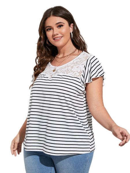 

plus striped contrast guipure lace flutter sleeve tee 42ms#, Black