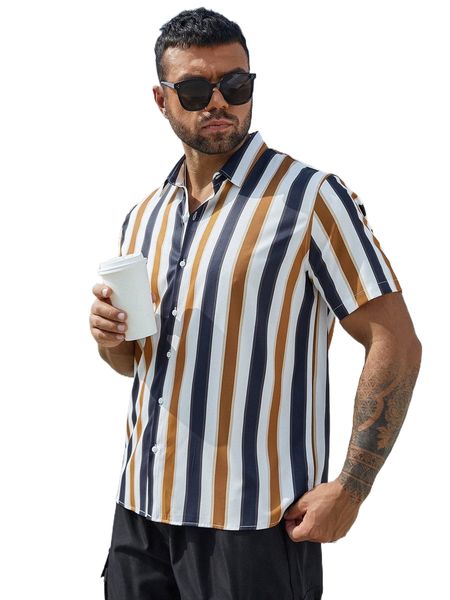 

extended sizes men striped button front shirt r5ng#, White;black