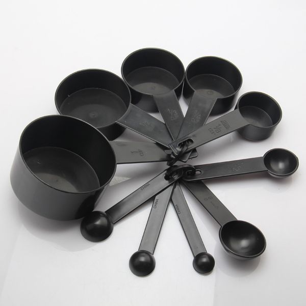 Schwarze Kunststoff-Messbecher, Küchen-Backutensilien, 10-teiliges Set, Messlöffel, Kaffee, Tee, Milchpulver, Löffel