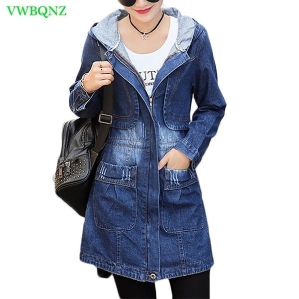 

spring autumn denim jacket women korean loose long jeans jackets zipper plus size hooded basic coat jackets 3xl a513 y200101, Black;brown