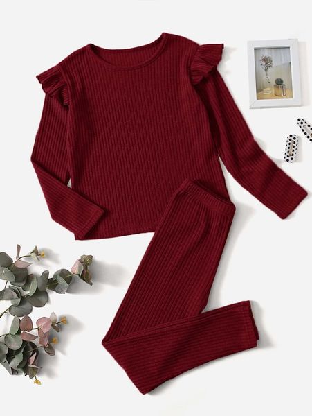 

girls rib-knit ruffle trim tee with pants she, White