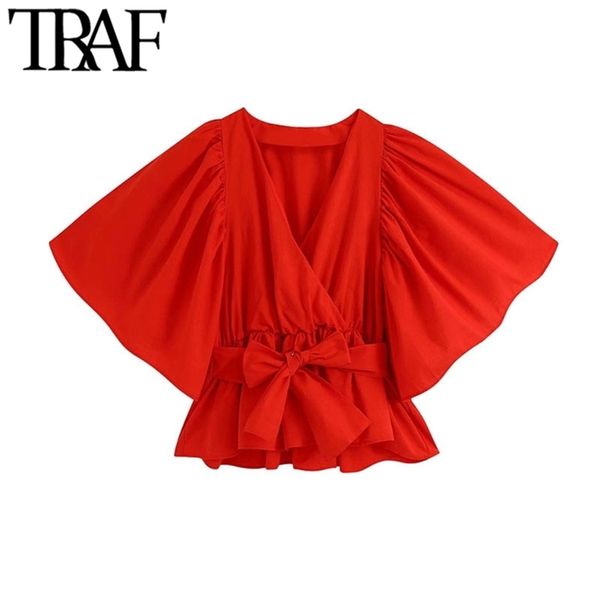 

traf women fashion with bow tied elastic trims blouses vintage v neck short sleeve female shirts blusas chic 210412, White