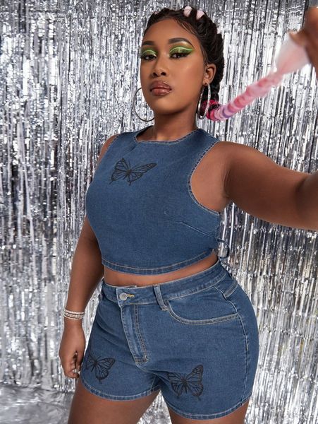 

sxy plus butterfly print tie back denim tank with shorts 656d#, White