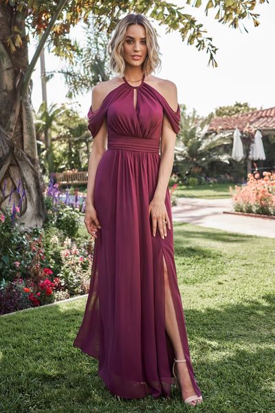 

a line chiffon long side split prom dresses halter off shoulder bridesmaid dress zipper backless cocktail women wear special party, Black