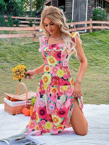 

random allover floral print lace trim square neck dress f2hq#, Black;gray