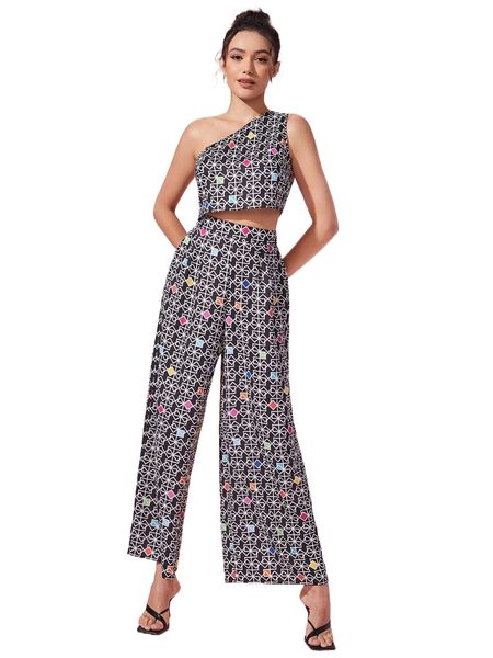 

x westinwalker geo print one shoulder & wide leg pants d3vn#, White