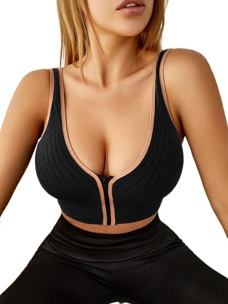 

contrast binding low back zipper placket sports bra h4l0#, Gray