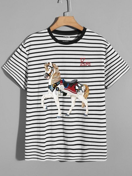 

men striped & horse print tee n3il#, White;black
