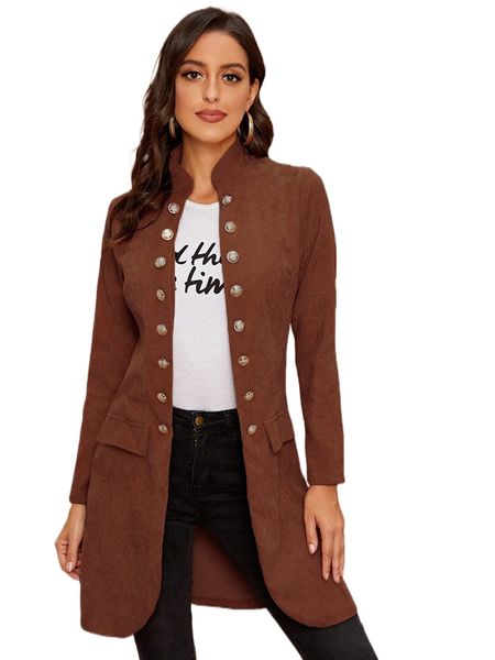 

solid stand collar button front coat 31vf#, Black