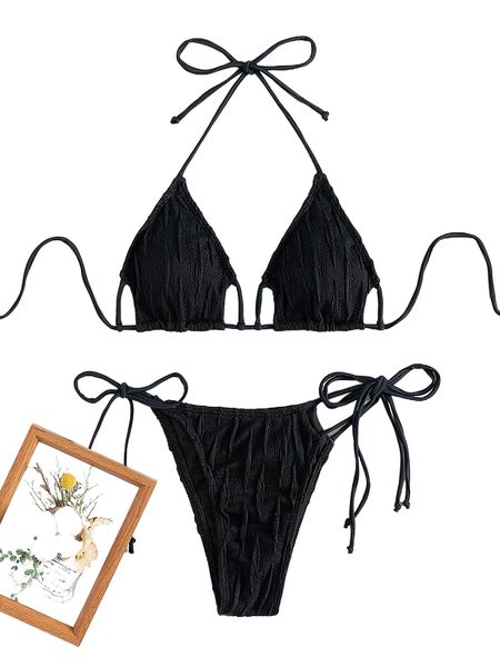 

textured cut-out halter triangle bikini swimsuit y8mm#, White;black
