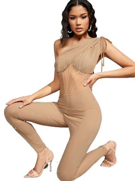 

one shoulder ruched shoulder sheer mesh insert jumpsuit l4wp#, Black;white