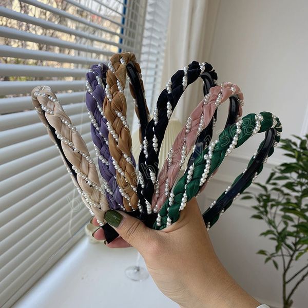 

braided braid pearl wrap headband fashion hair accessories women's trend thin edge spring hair hoop hairband headwear girl, Slivery;white