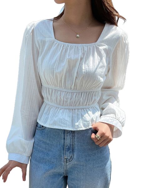 

dazy ruched puff sleeve square neck peplum blouse h7qn#, White