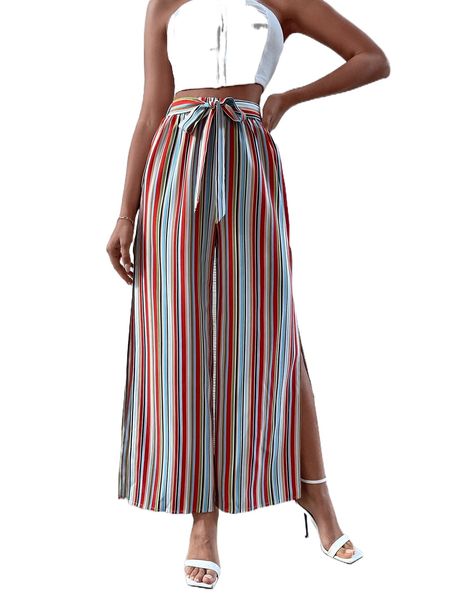 

block striped split hem belted wide leg pants q5ck#, Black;white