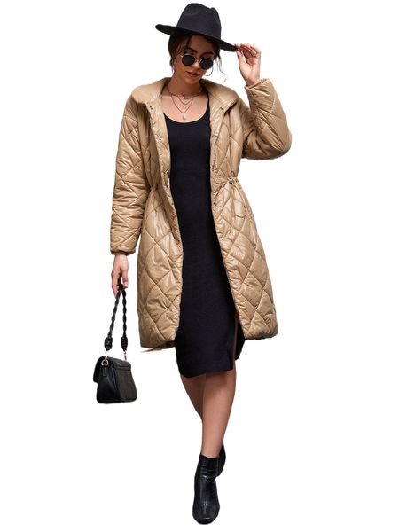 

drop shoulder drawstring waist quilted coat r4io#, Black