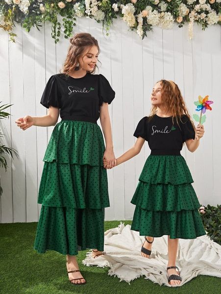 

girls letter graphic puff sleeve tee & polka dot layered hem skirt she, White