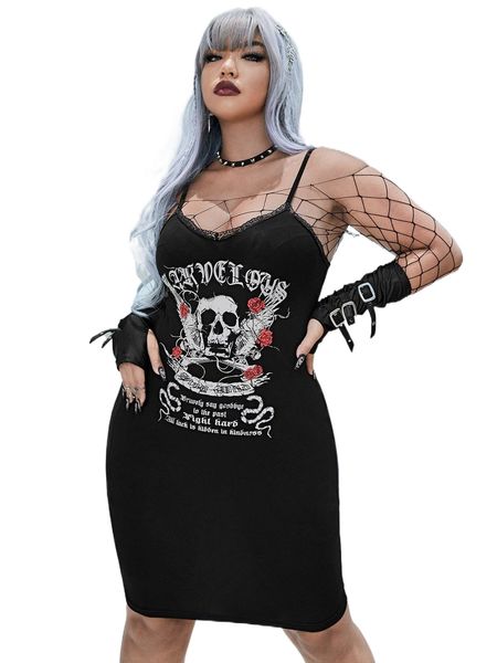 

plus slogan & skull print lace trim cami dress without gloves f9rc#, Black