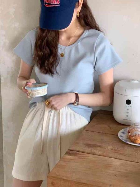 

women's two piece pants summer south korea dongdamen casual solid color pullover short sleeve t-shirt waffle shorts set w813, White