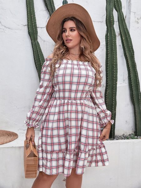 

plus off shoulder plaid dress b1om#, Black