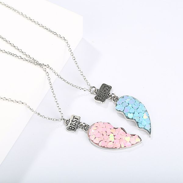 

cute heart shape pink green girl friendship trend friends pendant necklace [2 pieces] children's necklace jewelry, Silver
