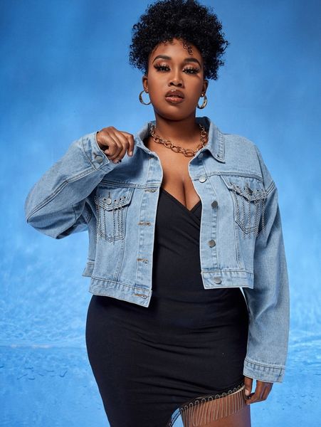 

sxy plus chain detail drop shoulder denim jacket d5jl#, Black;brown